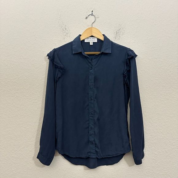 ANTHROPOLOGIE CLOTH & STONE L/S Frayed Ruffle Button Down Shirt in Navy - Picture 1 of 10